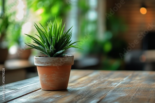Green Plant in Ceramic Pot on Wooden Table in Cozy Indoor Setting