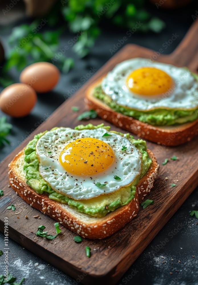 Delicious Avocado Toast Topped With Fried Eggs and Herbs Served on a Wooden Board Delicious Avocado Toast Topped With Fried Eggs and Herbs Served on a Wooden Board