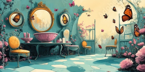Wallpaper Mural A whimsical bathroom scene featuring butterflies and decorative mirrors Torontodigital.ca