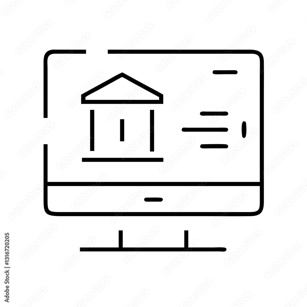 Line Art Style Computer Screen Displaying Building Structure Icon on White Background with Copy Space Line Art Style Computer Screen Displaying Building Structure Icon on White Background with Copy Space