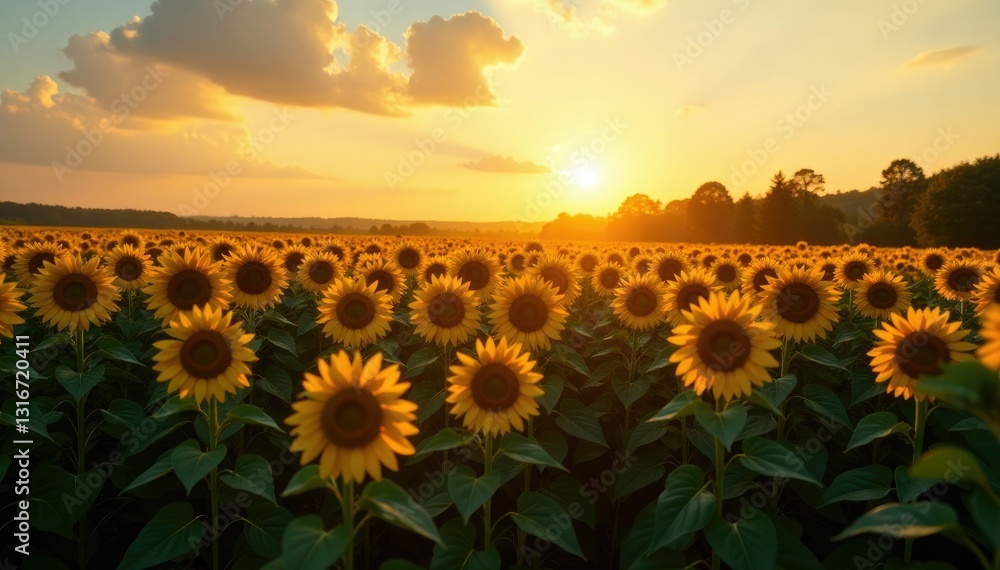 Obraz premium Evening sunlight casting long shadows on sunflower fields, landscape, golden light, shadows
