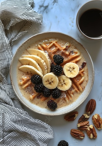 Delicious Breakfast Bowl Served With Fresh Fruits and Coffee at a Cozy Kitche...
