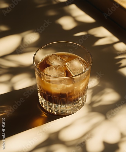 Cold Beverage With Ice Cubes Reflects Soft Shadows on Table