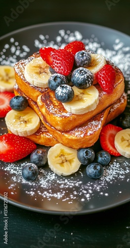 Delicious Stack of Pancakes Topped With Fresh Fruit and Syrup on a Wooden Table
