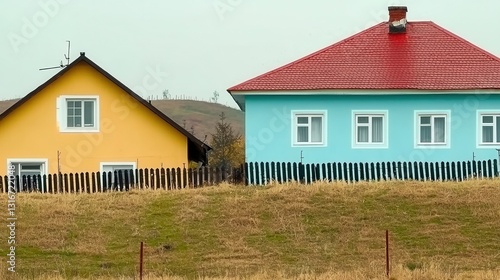 Charming rural houses with colorful facades against a tranquil landscape backdrop