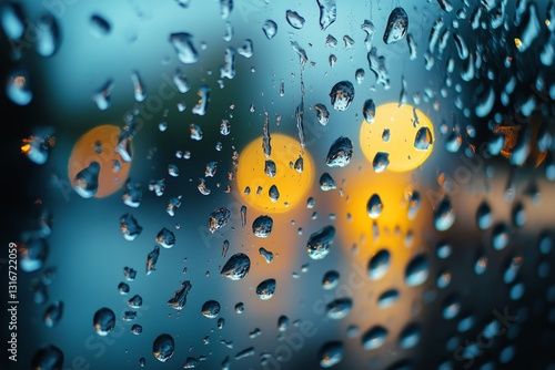 Raindrops on Window With Blurred Lights in the Background During Twilight