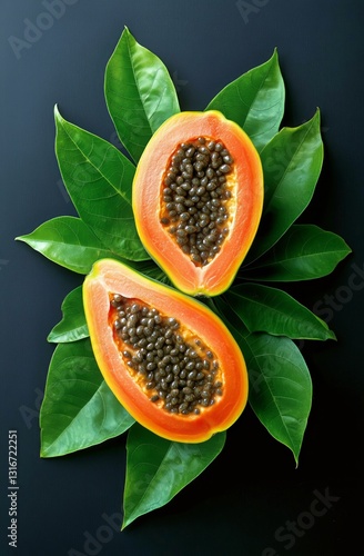 Vibrant Papaya Cut in Half Revealing Seeds and Green Leaves on a Dark Background