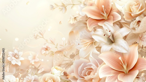 A close-up of a beautiful bouquet of white and peach lilies with a golden shimmer, against a light background.