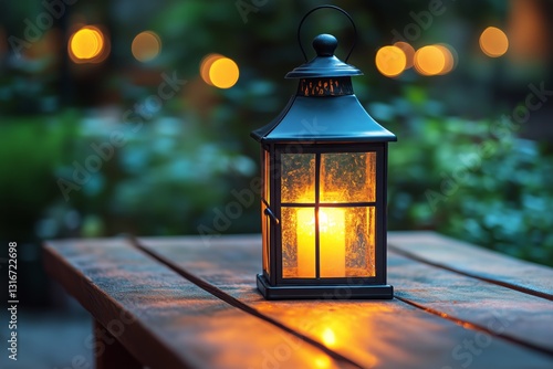 Lantern With Candle Glowing Softly on Wooden Table During Evening in Garden