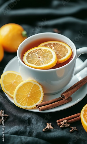 Warm Cup of Tea With Lemon and Spices on a Dark Background