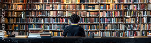A person immersed in reading, surrounded by an extensive collection of books in a cozy library setting.