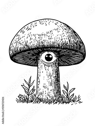 Mysterious mushroom with a watchful eye nestled in a whimsical garden setting