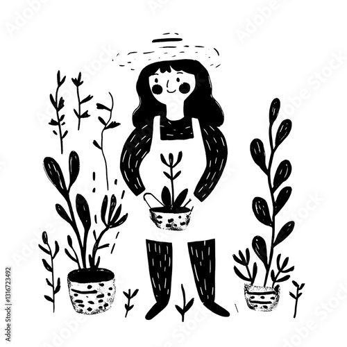 Gardener tending to potted plants in a serene and stylish garden with a whimsical touch