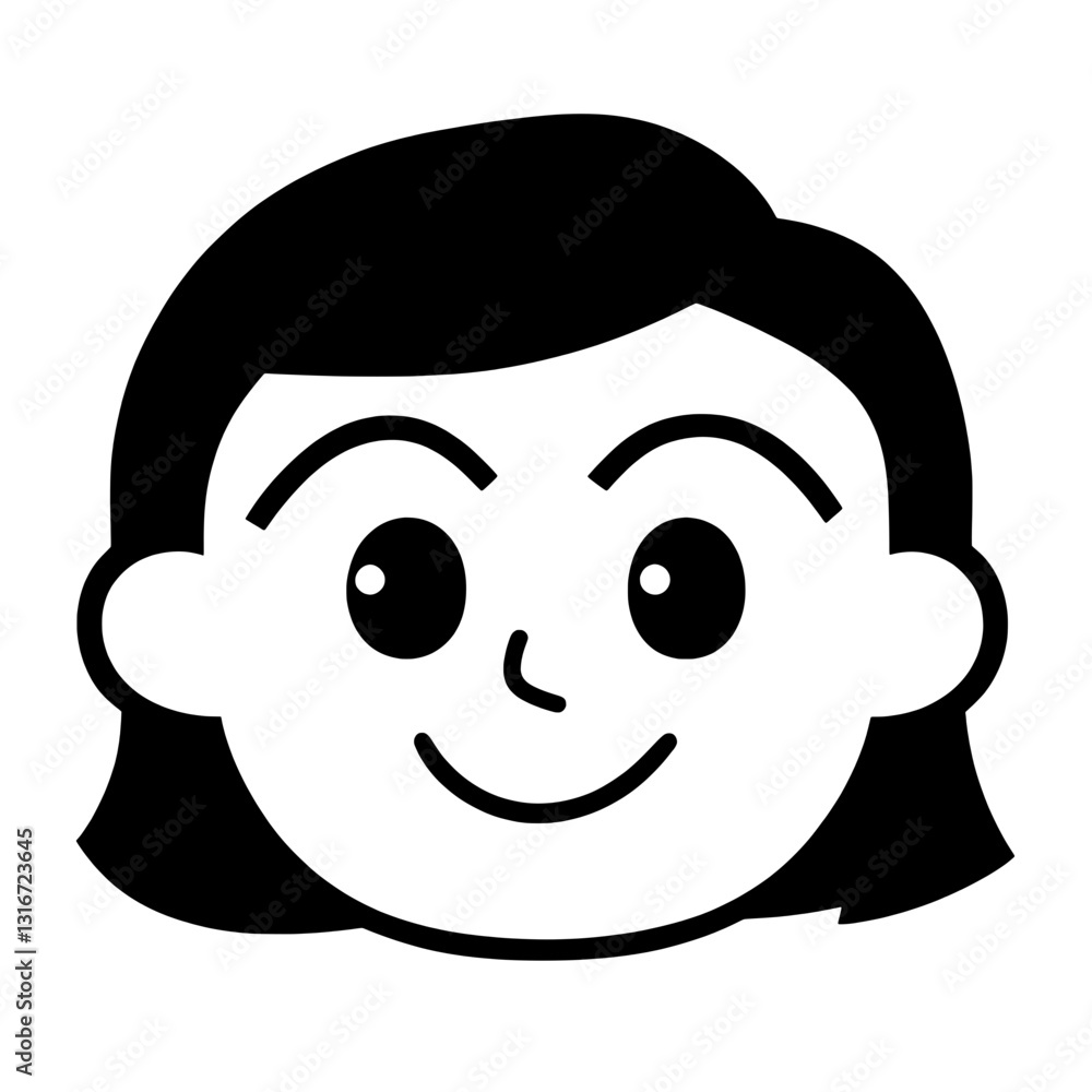 Happy cartoon character with a friendly smile and appealing features in black and white vector design Happy cartoon character with a friendly smile and appealing features in black and white vector design