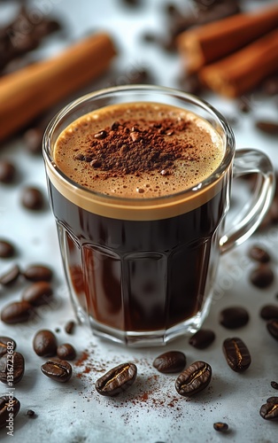 Savoring Aromatic Coffee Topped With Cocoa and Cinnamon on a Rustic Table