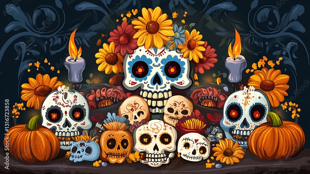 Vibrant Sugar Skull Ofrenda: A Digital Painting for Dia de los Muertos AI Generated Vibrant Sugar Skull Ofrenda: A Digital Painting for Dia de los Muertos AI Generated