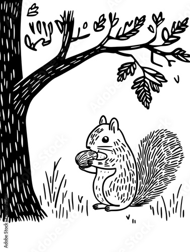 Nature's playful creature enjoys acorn under a shady tree on a sunny day with vibrant greenery surrounding it