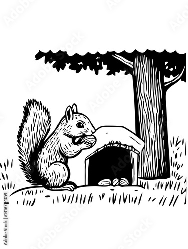 Squirrel gathering nuts near a cozy tree shelter in a serene woodland setting under soft sunlight