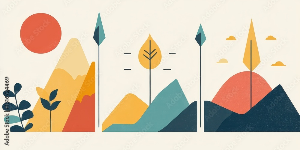 Geometric landscapes feature sun mountains foliage and abstract shapes Geometric landscapes feature sun mountains foliage and abstract shapes