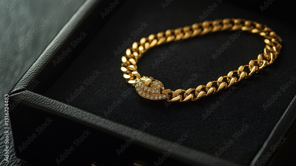 Fototapeta premium A delicate gold chain resting inside a luxurious black jewelry box.
