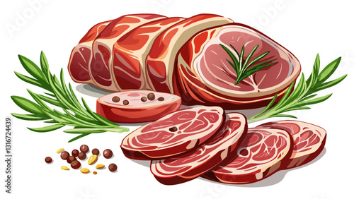 sliced raw pork meat with rosemary and peppercorn isolated on white background