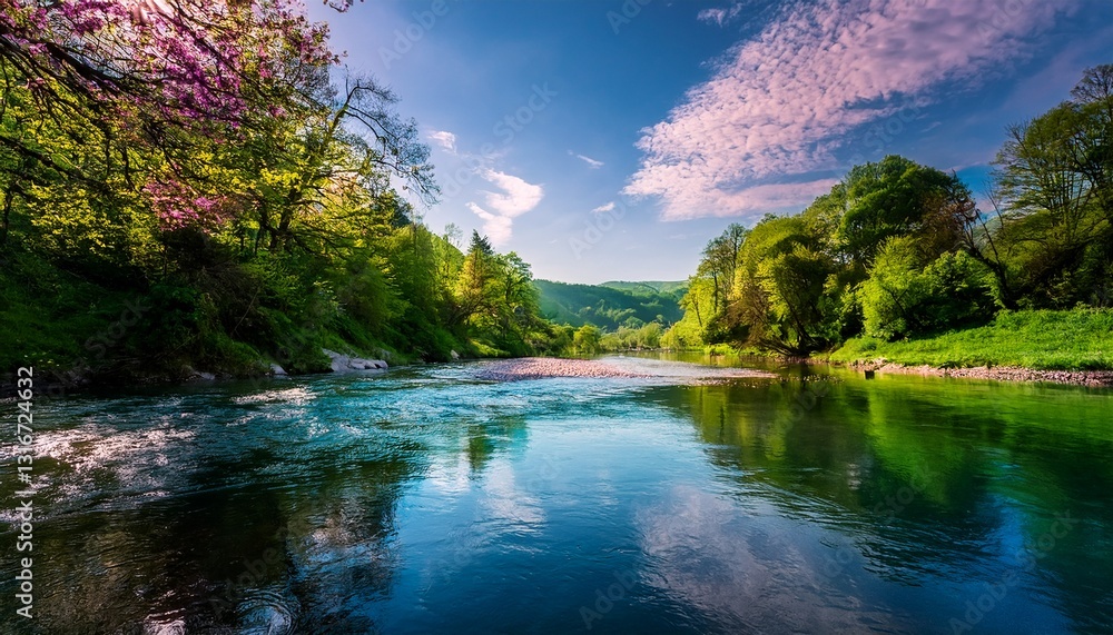 Fototapeta premium tranquila belleza de un río serpenteante, deslizándose elegantemente a través de un panorama verde y floreciente de colores, sus aguas tranquilas refleja el mundo encantador.