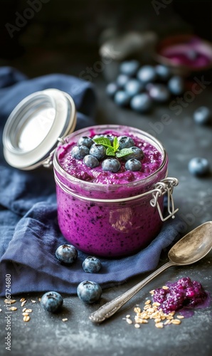 Delicious Blueberry Dessert Topped With Granola Served in Elegant Bowls for a...