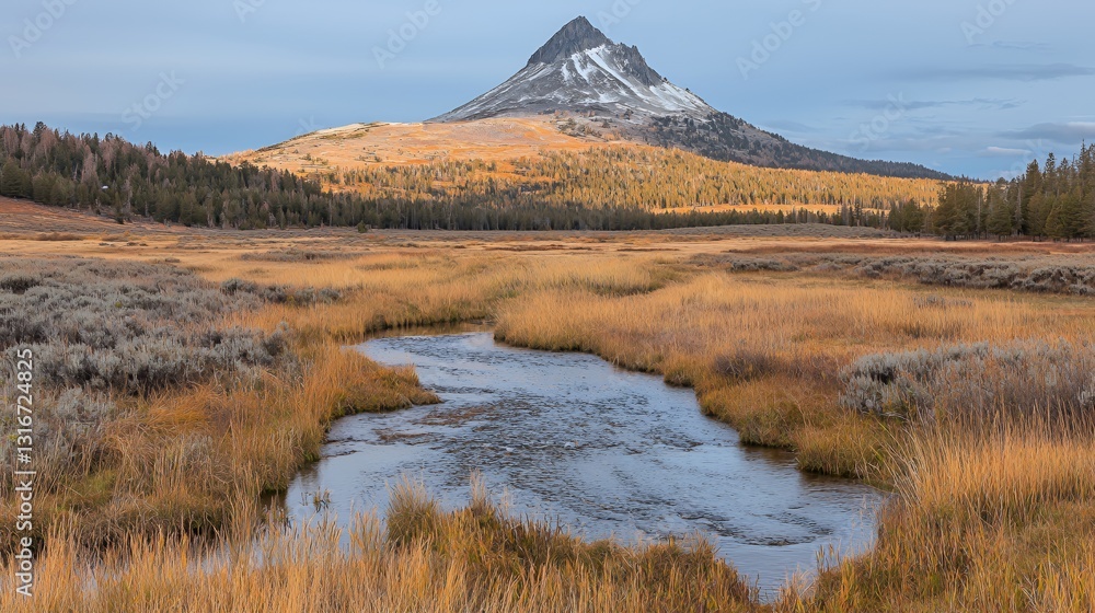 Autumn Meadow Landscape with a Mountain Peak in the Background Autumn Meadow Landscape with a Mountain Peak in the Background