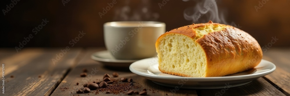 Homemade bread with a side of steaming hot coffee, beverage, homemade, cup Homemade bread with a side of steaming hot coffee, beverage, homemade, cup
