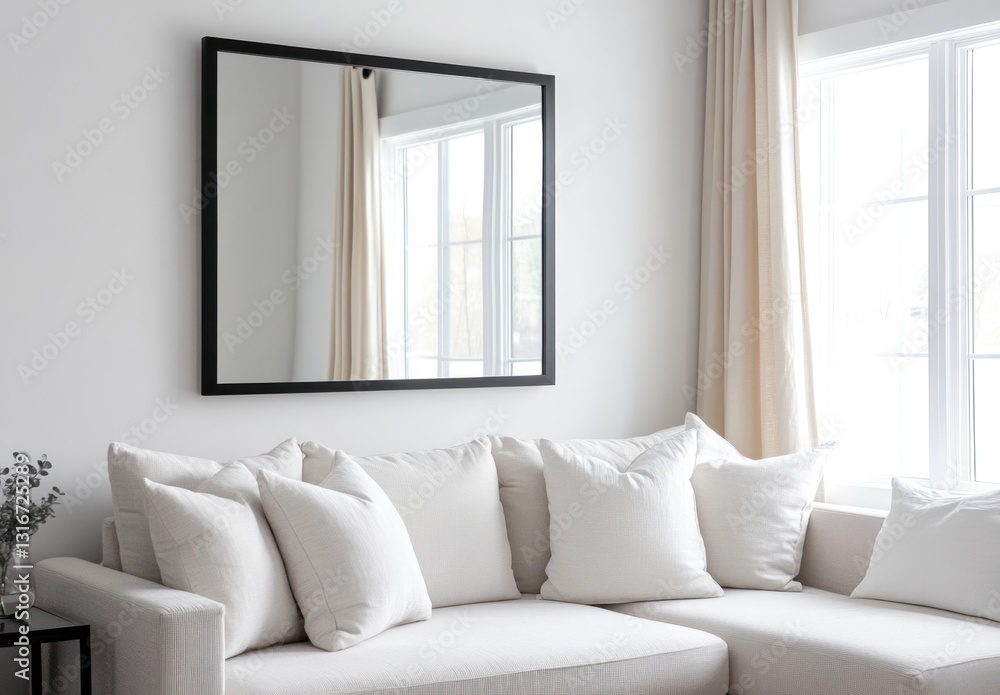 Fototapeta premium Modern living room with beige sectional sofa, white pillows, and large square mirror.