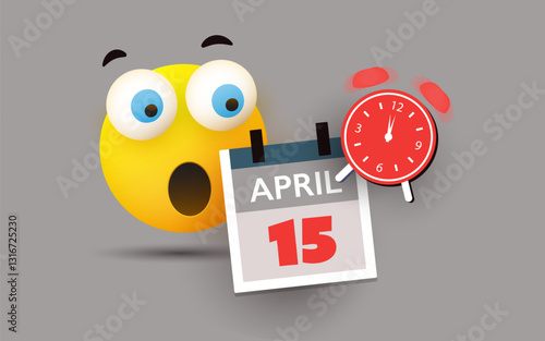 Tax Day Reminder, Warning Concept with Surprised Emoticon and Ringing Clock - Calendar Design Template - USA Tax Deadline, Due Date for IRS Federal Income Tax Returns: 15 April 2025