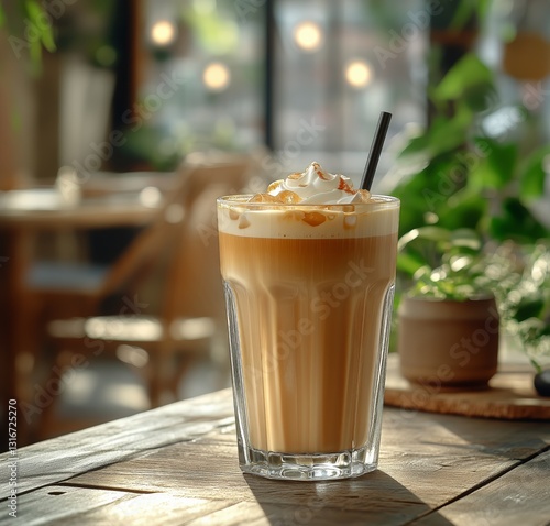 Iced Coffee With Whipped Cream and Nuts in a Cozy Cafe During Afternoon Light