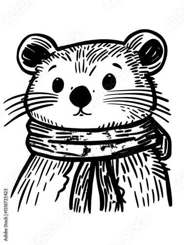 Whimsical illustration of a charming otter wearing a cozy scarf in a playful artistic style