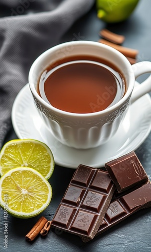 Warm Cup of Tea With Lime and Dark Chocolate on a Dark Stone Surface