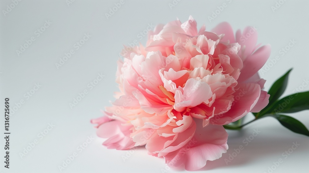 A solitary pink peony with full, ruffled petals, perfectly placed on a white background. A solitary pink peony with full, ruffled petals, perfectly placed on a white background.