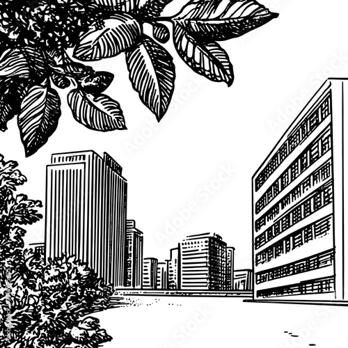 Urban skyline featuring buildings and greenery under a clear sky with intricate line art style