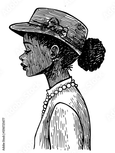 Elegant woman in profile wearing vintage attire and a stylish hat crafted in vector art style