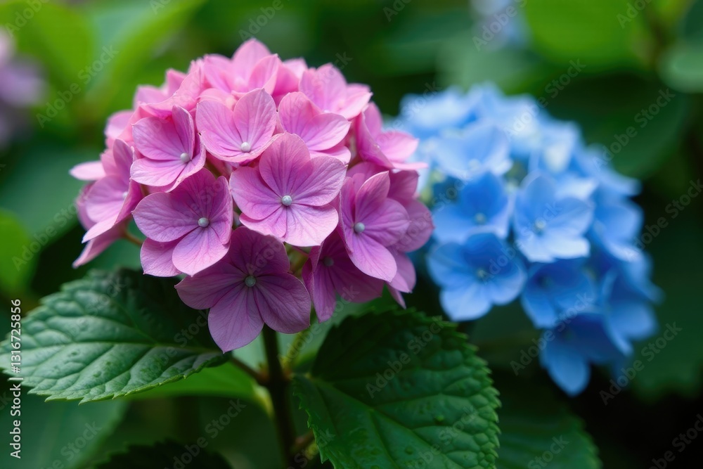 Hydrangea macrophylla Blaumeise in full bloom on the ground, plant, greenery Hydrangea macrophylla Blaumeise in full bloom on the ground, plant, greenery