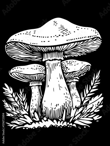 Whimsical forest mushrooms surrounded by delicate ferns in a captivating vector design
