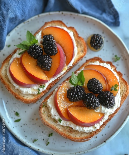 Delicious Toast Topped With Fresh Peaches and Blackberries on a Blue Plate