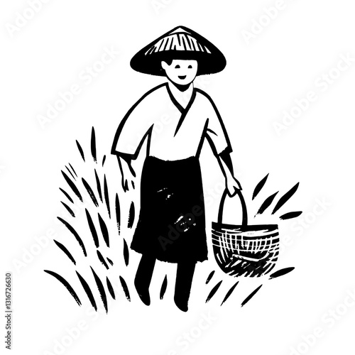 Farmhand working in a field with a basket during a sunny afternoon in rural countryside