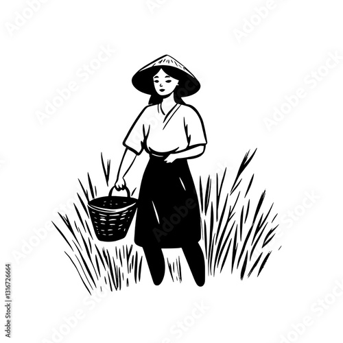 Woman harvesting crop in a serene landscape with a wicker basket under bright daylight
