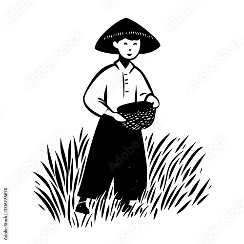 Young farmer harvesting crops in lush fields wearing traditional attire and basket during a sunny day