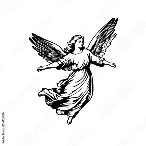 Graceful angel soaring through the heavens in delicate detail, embodying serenity and strength in timeless artistry