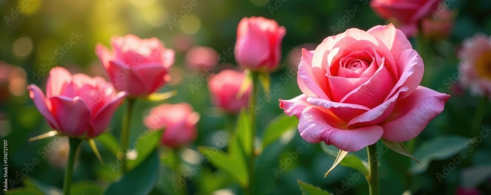 Pink petals of roses and tulips unfold amidst lush greenery, foliage Pink petals of roses and tulips unfold amidst lush greenery, foliage