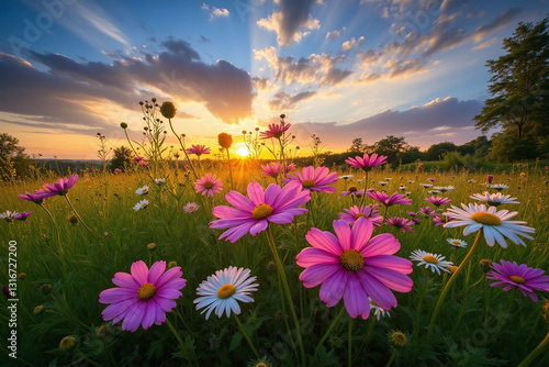 field of pink and white flowers with the sun setting in the background