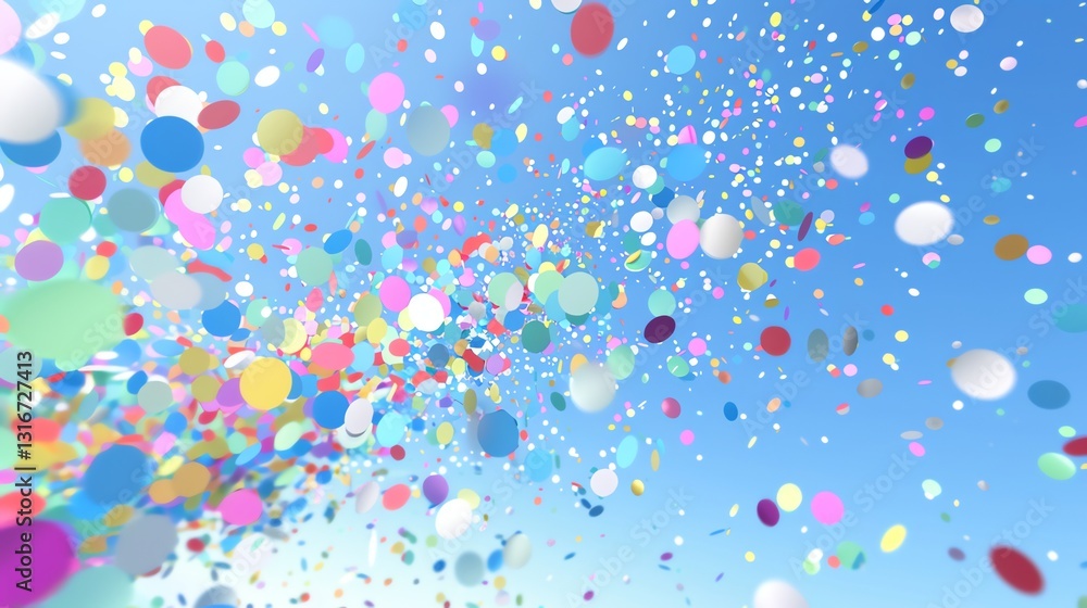 A burst of colorful confetti against a bright blue sky. A burst of colorful confetti against a bright blue sky.