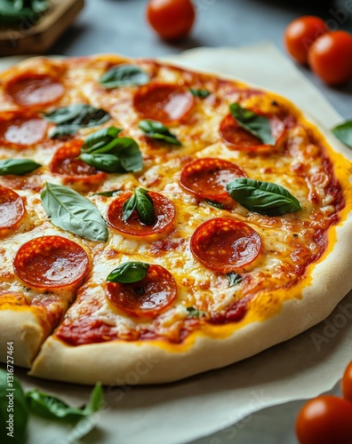 Delicious Pepperoni Pizza Topped With Fresh Basil Served on a Wooden Board