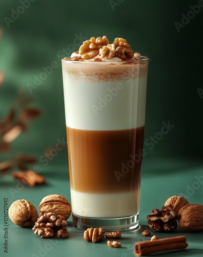 Delicious Layered Coffee Served in a Tall Glass With Nuts and Cinnamon on a G...