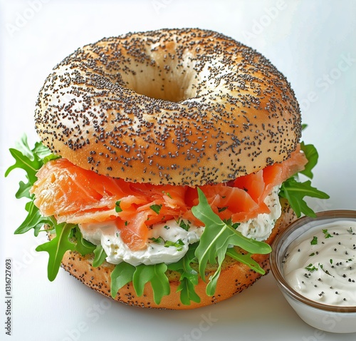 Delicious Bagel With Smoked Salmon, Cream Cheese, Arugula, and Dipping Sauce ...